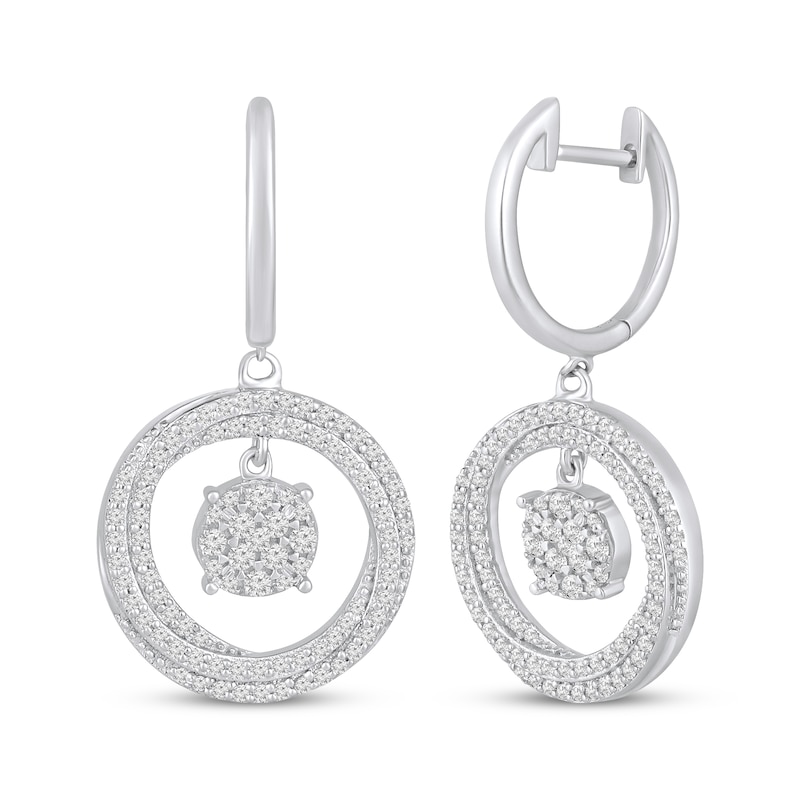 Multi-Diamond Center Circle Dangle Hoop Earrings 5/8 ct tw 10K White Gold