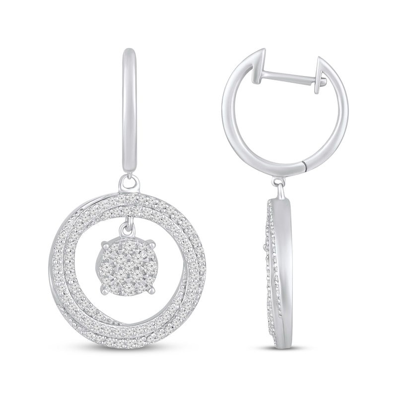 Multi-Diamond Center Circle Dangle Hoop Earrings 5/8 ct tw 10K White Gold