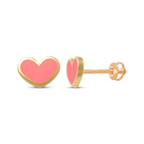 Children's Pink Enamel Heart Stud Earrings 14K Yellow Gold