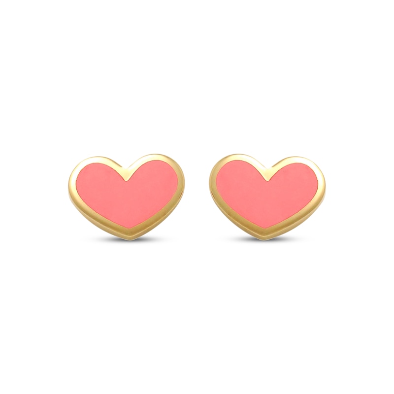 Children's Pink Enamel Heart Stud Earrings 14K Yellow Gold