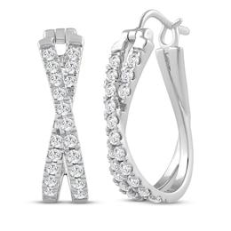 Diamond Crossover Oval Hoop Earrings 1 ct tw 10K White Gold