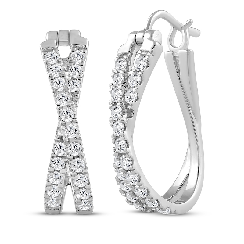 Main Image 1 of Diamond Crossover Oval Hoop Earrings 1 ct tw 10K White Gold