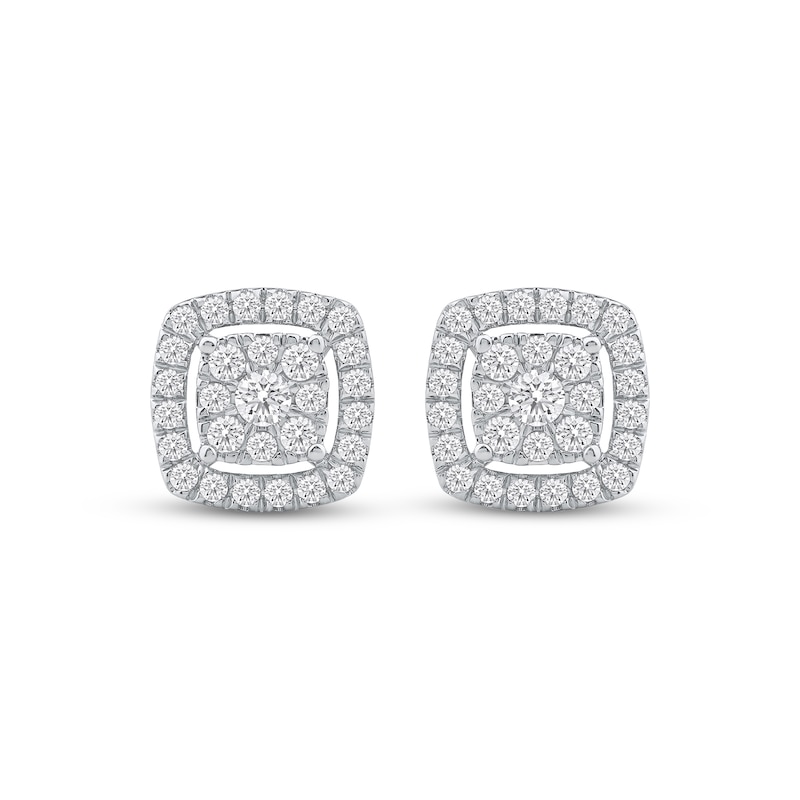 Main Image 2 of Multi-Diamond Cushion-Shaped Halo Stud Earrings 1/2 ct tw 10K White Gold