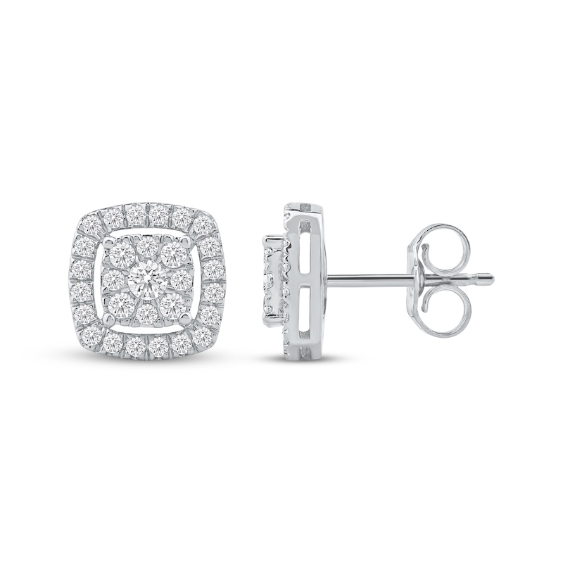 Main Image 3 of Multi-Diamond Cushion-Shaped Halo Stud Earrings 1/2 ct tw 10K White Gold