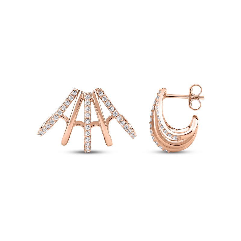 Main Image 3 of Diamond Five-Row Split J-Hoop Huggie Earrings 1/3 ct tw 10K Rose Gold