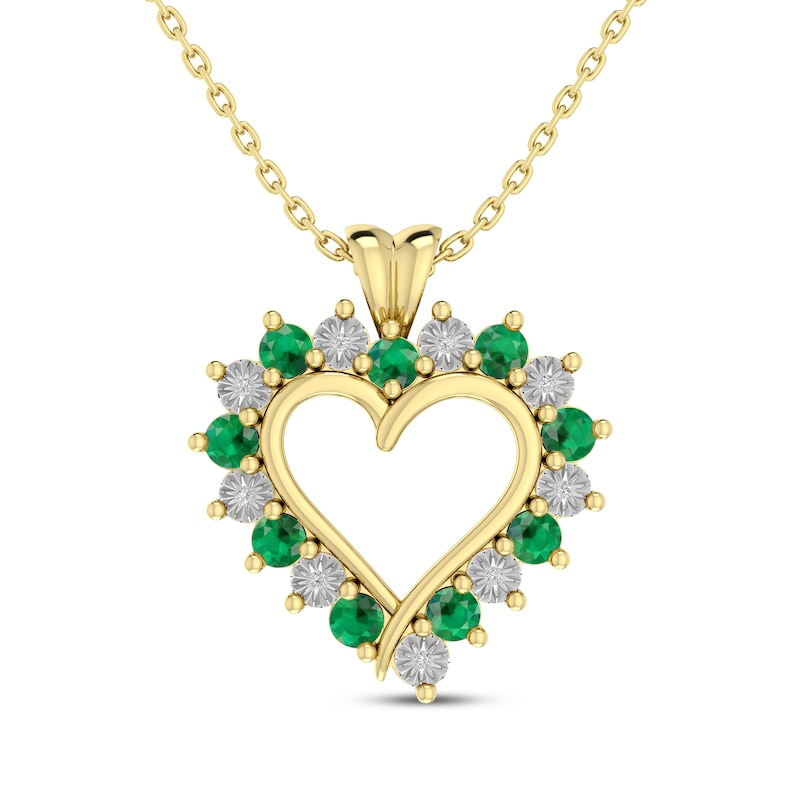 Main Image 1 of Natural Emerald & Diamond Accent Heart Outline Necklace 10K Yellow Gold 18&quot;