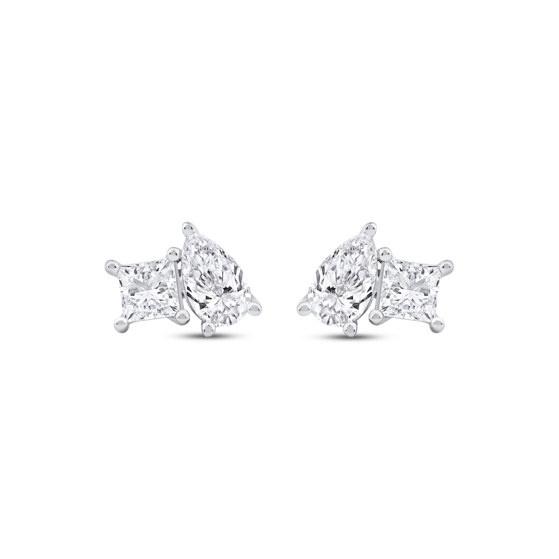 Main Image 2 of Toi et Moi Lab-Grown Diamond Princess-Cut & Pear-Shaped Stud Earrings 1 ct tw 14K White Gold