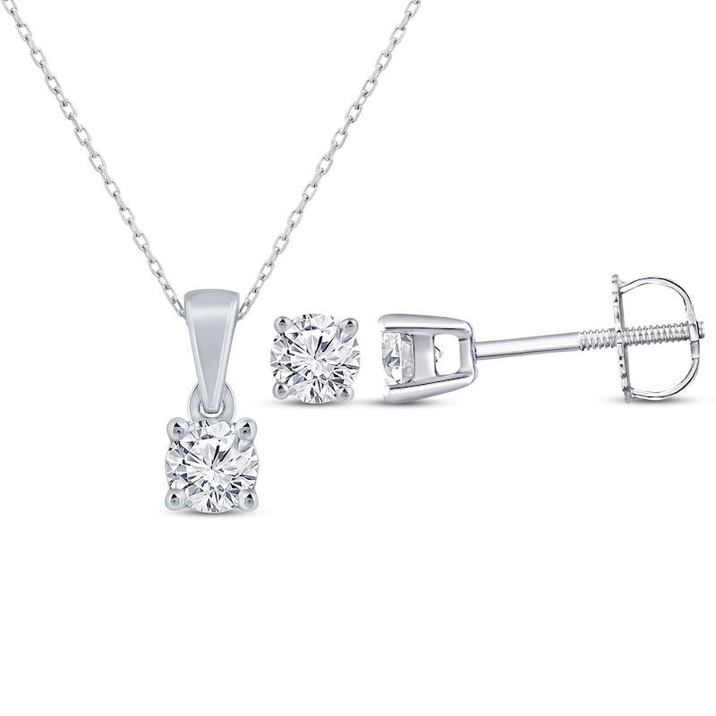 Main Image 1 of Round-Cut Diamond Solitaire Necklace & Earrings Gift Set 1/2 ct tw 14K White Gold (I/I2)