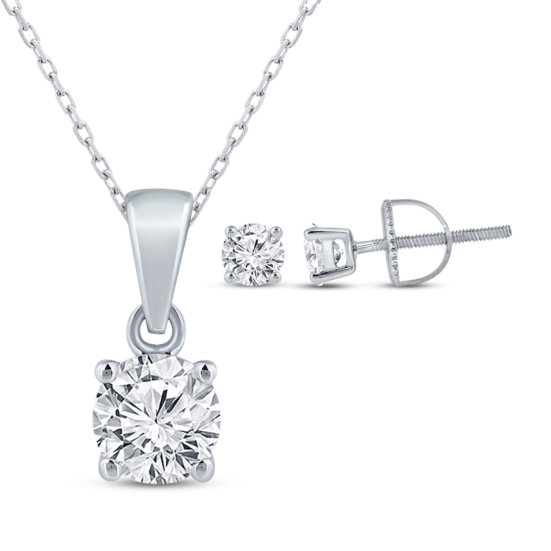 Main Image 1 of Round-Cut Diamond Solitaire Necklace & Earrings Gift Set 1 ct tw 14K White Gold (I/I2)