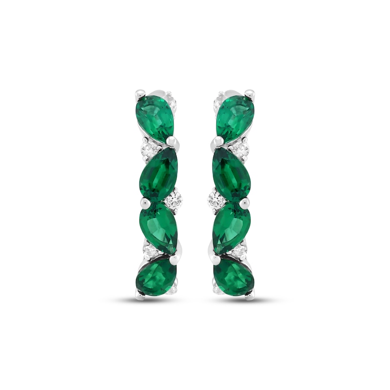 Main Image 2 of Pear-Shaped Lab-Created Emerald & White Lab-Created Sapphire Four-Stone Hoop Earrings Sterling Silver