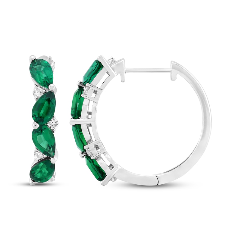 Main Image 3 of Pear-Shaped Lab-Created Emerald & White Lab-Created Sapphire Four-Stone Hoop Earrings Sterling Silver