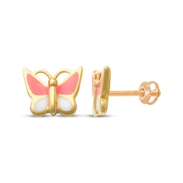 Children's Pink & White Enamel Butterfly Stud Earrings 14K Yellow Gold
