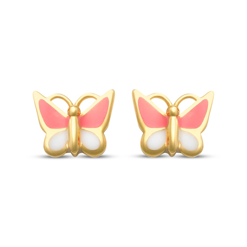 Children's Pink & White Enamel Butterfly Stud Earrings 14K Yellow Gold