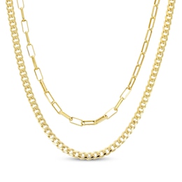 Miami Cuban Curb Chain & Paperclip Chain Layered Necklace Hollow 10K Yellow Gold 18&quot;