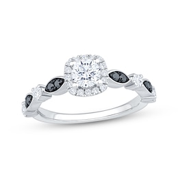 Now + Forever Round-Cut White & Black Diamond Cushion Halo Engagement Ring 3/4 ct tw 14K White Gold