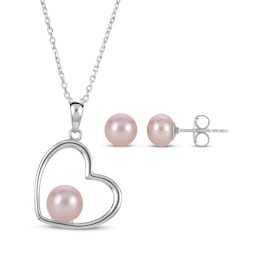 Pink Cultured Pearl Heart Necklace & Earrings Gift Set Sterling Silver