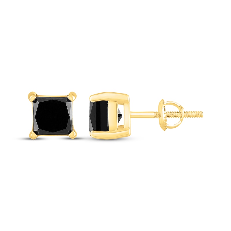 Princess-Cut Black Diamond Solitaire Stud Earrings 2 ct tw 10K Yellow Gold (I3)