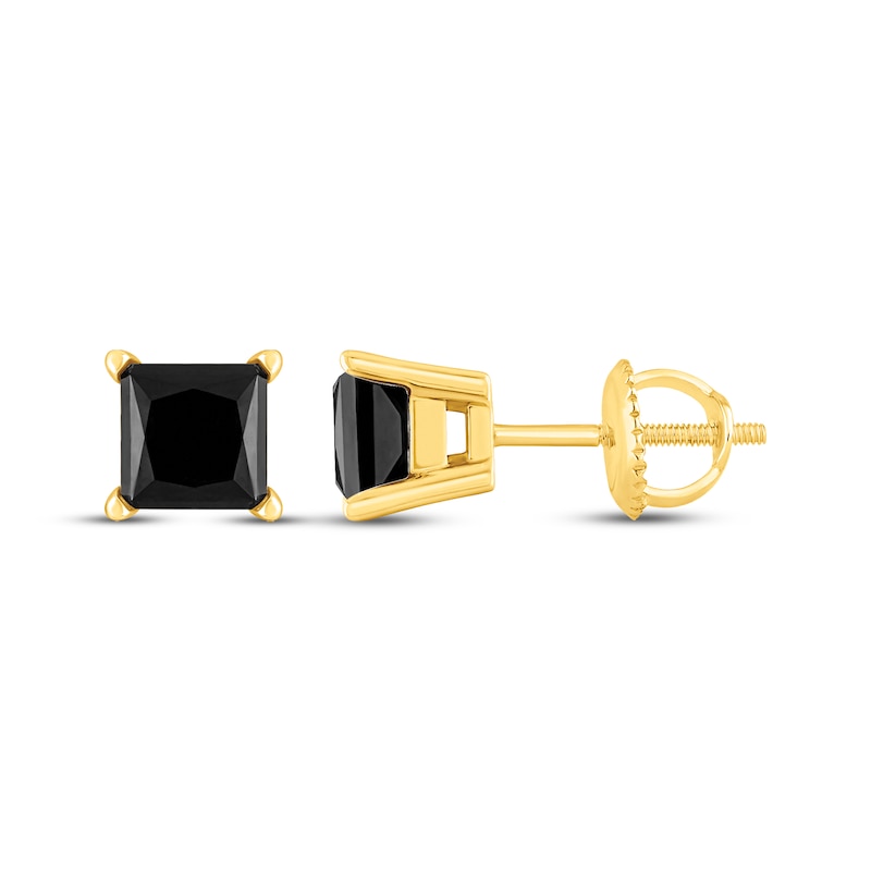 Princess-Cut Black Diamond Solitaire Stud Earrings 1 ct tw 10K Yellow Gold (I3)