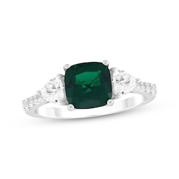 Cushion-Cut Lab-Created Emerald & White Lab-Created Sapphire Ring Sterling Silver