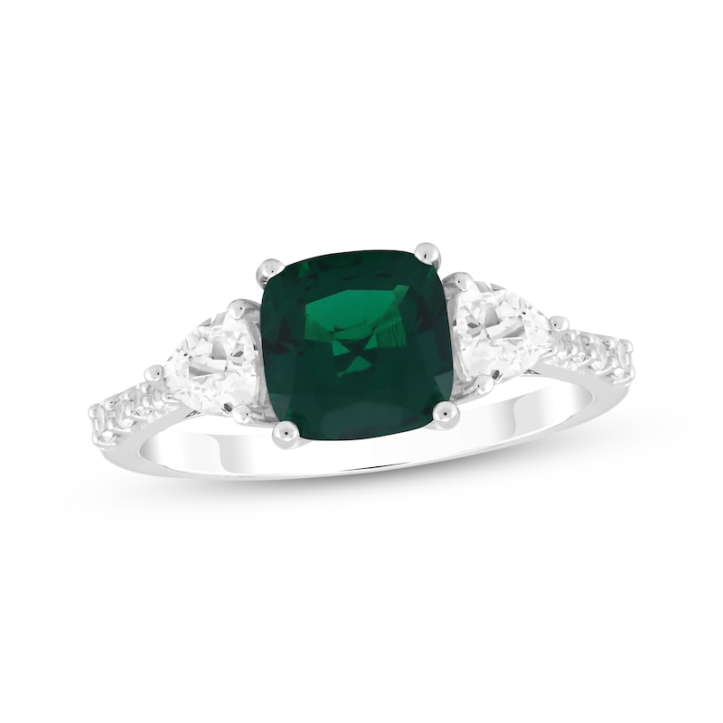 Main Image 1 of Cushion-Cut Lab-Created Emerald & White Lab-Created Sapphire Ring Sterling Silver