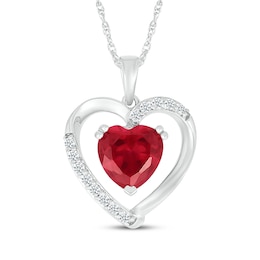 Heart-Shaped Lab-Created Ruby & White Lab-Created Sapphire Necklace Sterling Silver 18&quot;