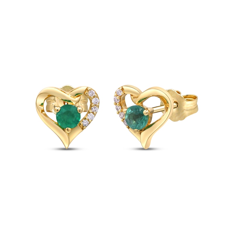 Main Image 1 of Natural Emerald & Diamond Heart Stud Earrings 1/20 ct tw 10K Yellow Gold