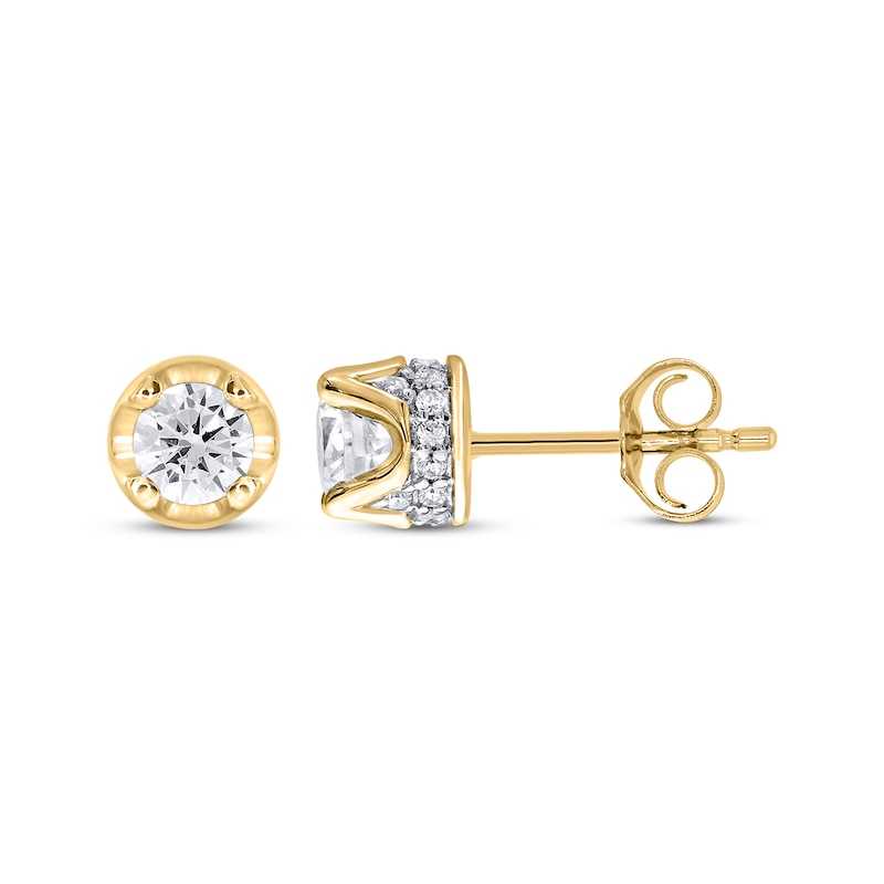 Main Image 1 of Round-Cut Diamond Solitaire Hidden Halo Stud Earrings 1/2 ct tw 10K Yellow Gold (I/I3)