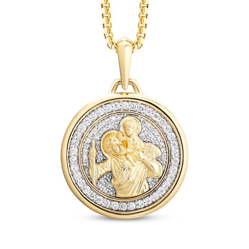 Main Image 1 of Men's White & Black Diamond Saint Christopher Medal Necklace 1/2 ct tw 10K Yellow Gold 22&quot;