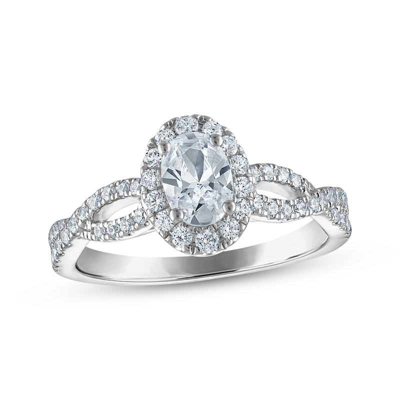 Main Image 1 of Certified Oval-Cut Diamond Halo Engagement Ring 7/8 ct tw Platinum