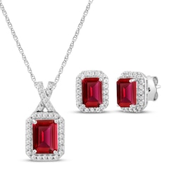 Octagon-Cut Lab-Created Ruby & White Lab-Created Sapphire Halo Gift Set Sterling Silver