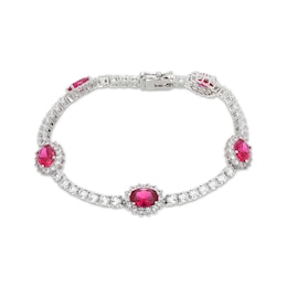 Oval-Cut Lab-Created Ruby & White Lab-Created Sapphire Halo Station Bracelet Sterling Silver 7.25&quot;