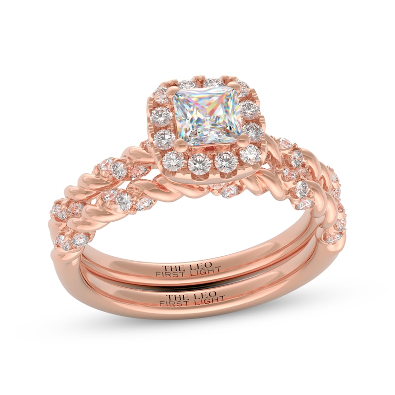 Main Image 1 of THE LEO First Light Diamond Princess-Cut Cushion Halo Twist Bridal Set 1 ct tw 14K Rose Gold