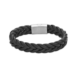 Men's Black Leather Bracelet with Stainless Steel Clasp 8.5&quot;