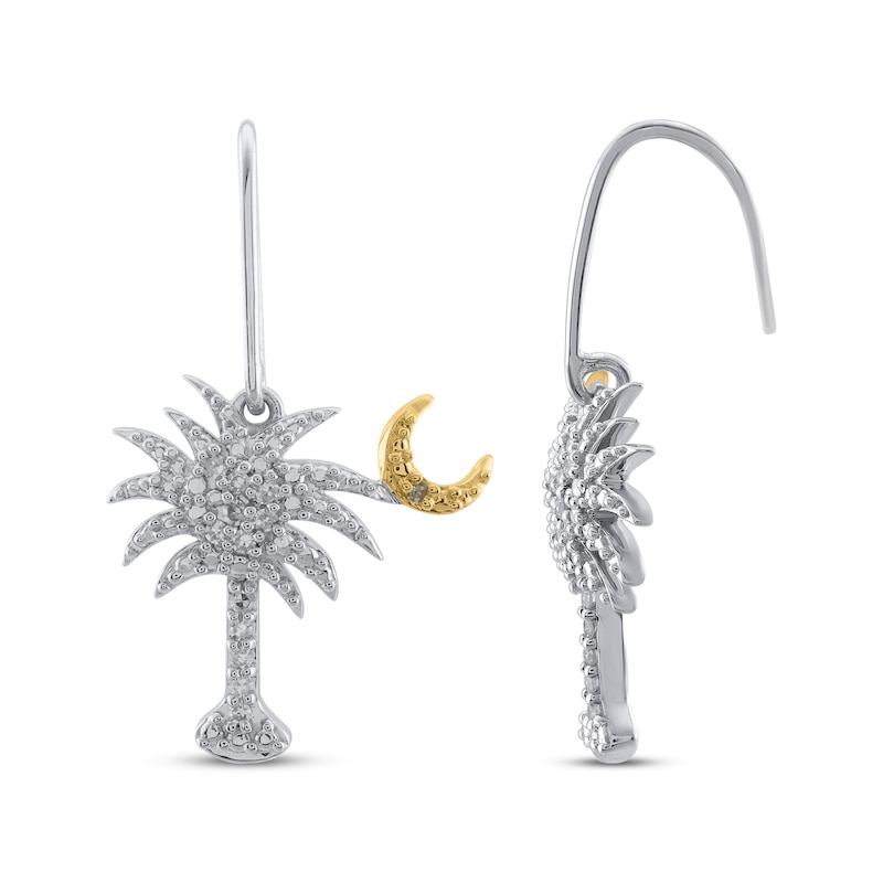 Diamond Palm Tree & Moon Dangle Earrings 1/10 ct tw Sterling Silver & 10K Yellow Gold