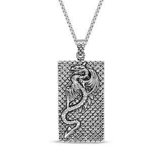 Men's Black Diamond Dragon Dog Tag Necklace 1 ct tw Sterling