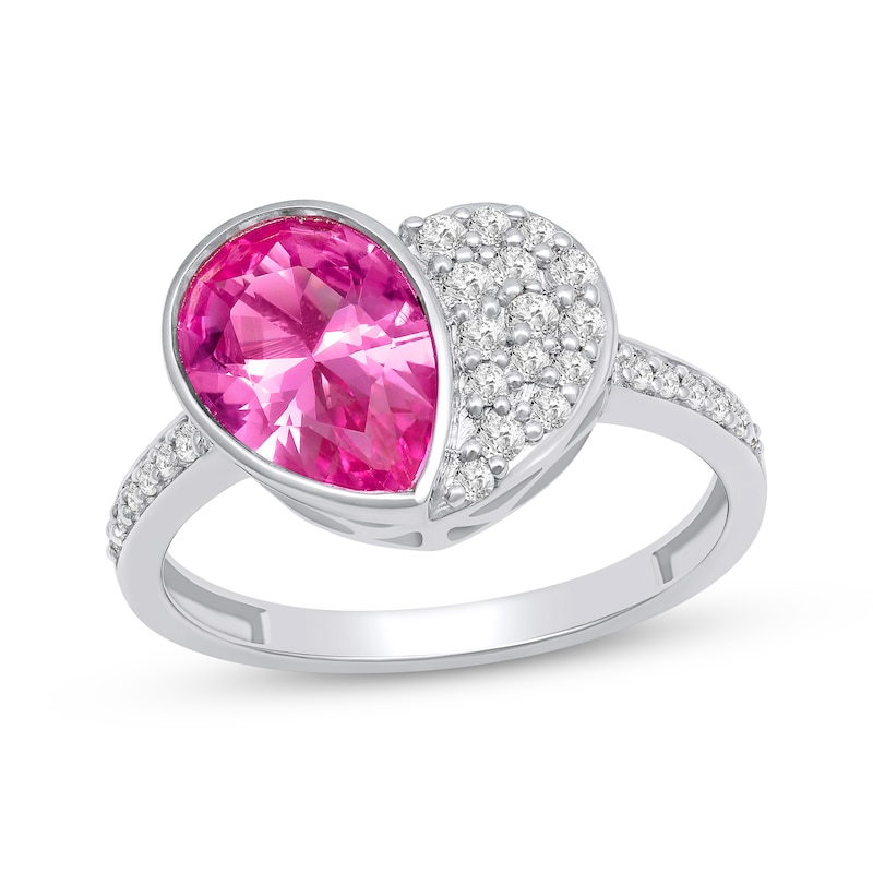 Main Image 1 of Pear-Shaped Pink Lab-Created Sapphire & White Lab-Created Sapphire Heart Ring Sterling Silver