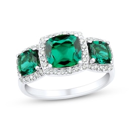 Cushion-Cut Lab-Created Emerald & White Lab-Created Sapphire Three-Stone Ring Sterling Silver