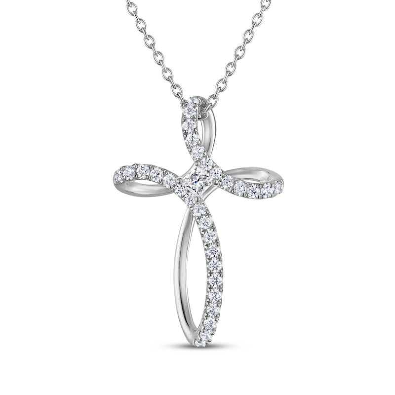 Main Image 1 of THE LEO Diamond Princess & Round-Cut Looped Cross Necklace 3/8 ct tw 14K White Gold 19&quot;