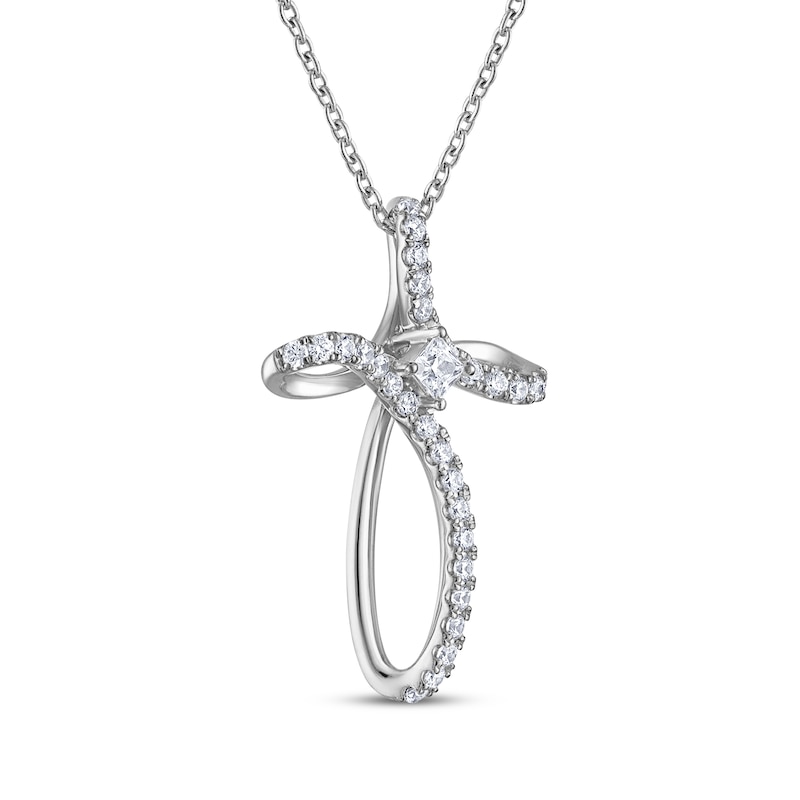 Main Image 2 of THE LEO Diamond Princess & Round-Cut Looped Cross Necklace 3/8 ct tw 14K White Gold 19&quot;