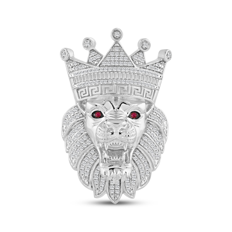 Main Image 1 of Men's Diamond & Lab-Created Ruby Lion with Crown Brooch 1 ct tw Sterling Silver