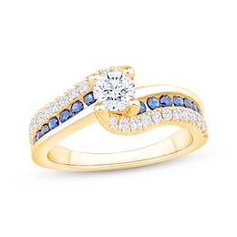 Now + Forever Round-Cut Diamond & Natural Blue Sapphire Bypass Engagement Ring 3/4 ct tw 14K Yellow Gold