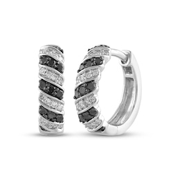 Black & White Diamond Diagonal Stripe Hoop Earrings 1/4 ct tw Sterling Silver