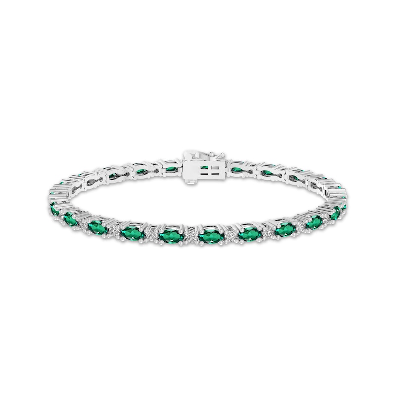 Main Image 1 of Oval-Cut Lab-Created Emerald & White Lab-Created Sapphire Link Bracelet Sterling Silver 7.25&quot;