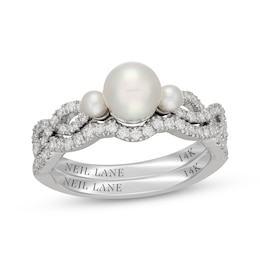 Neil Lane Akoya Cultured Pearl & Diamond Three-Stone Bridal Set 3/8 ct tw 14K White Gold