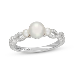 Neil Lane Cultured Akoya Pearl & Diamond Three-Stone Engagement Ring 1/4 ct tw 14K White Gold