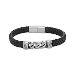 Men's Black Leather & Curb Chain Bracelet Stainless Steel 8.5&quot;