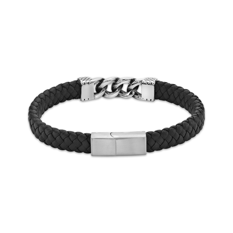 Main Image 2 of Men's Black Leather & Curb Chain Bracelet Stainless Steel 8.5&quot;