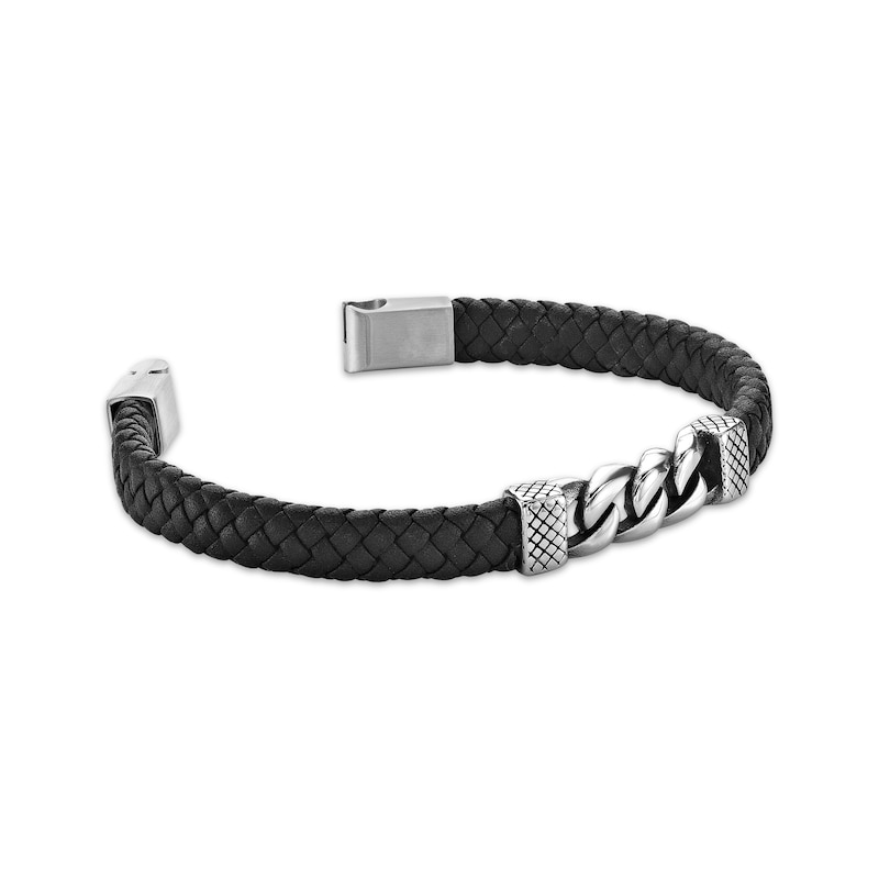 Men's Black Leather & Curb Chain Bracelet Stainless Steel 8.5