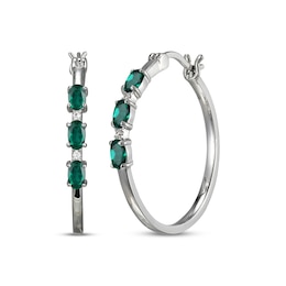 Oval-Cut Lab-Created Emerald & White Lab-Created Sapphire Hoop Earrings Sterling Silver