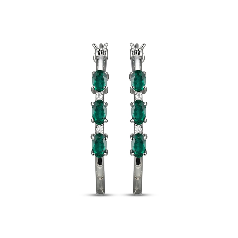 Main Image 2 of Oval-Cut Lab-Created Emerald & White Lab-Created Sapphire Hoop Earrings Sterling Silver